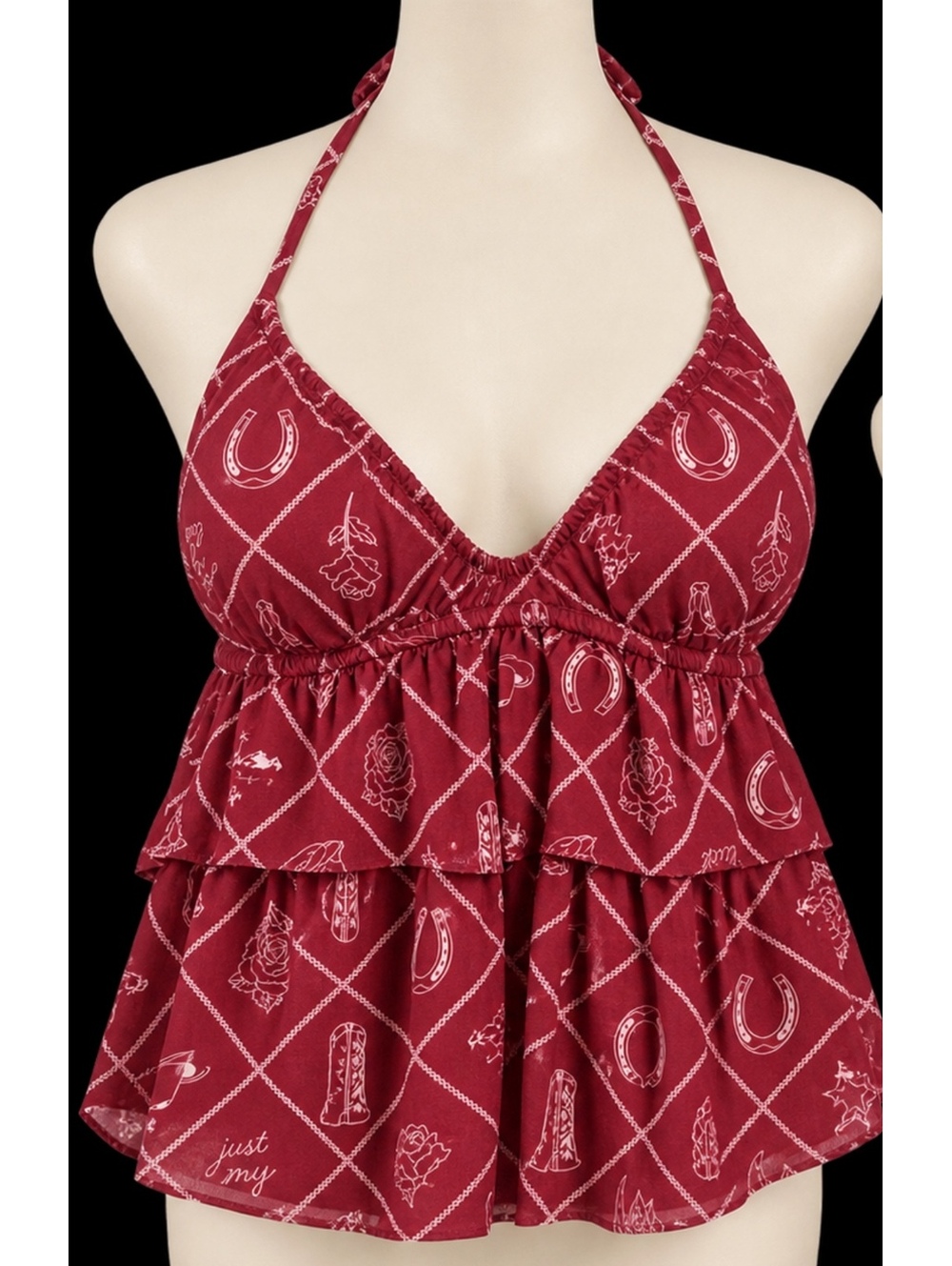 Wild Fable Burgundy Printed Tiered Halter Tank Top